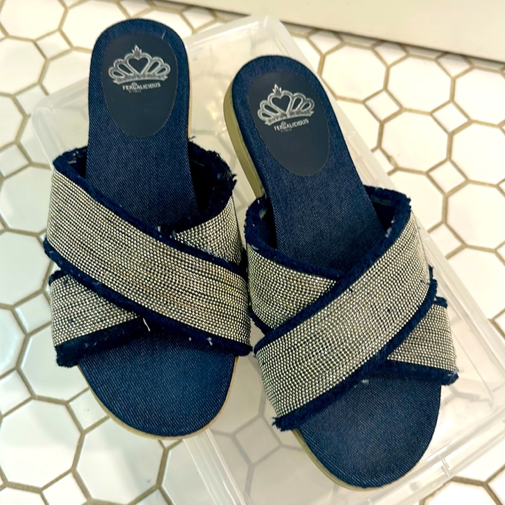 Felicitous rhinestone and denim slides
